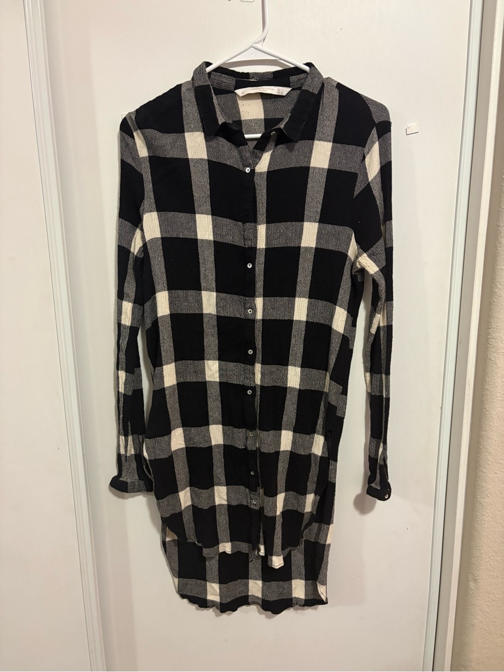 Zara Trafaluc Collection Black Check Print Long Sleeve Hi-Low Shirt Size Large